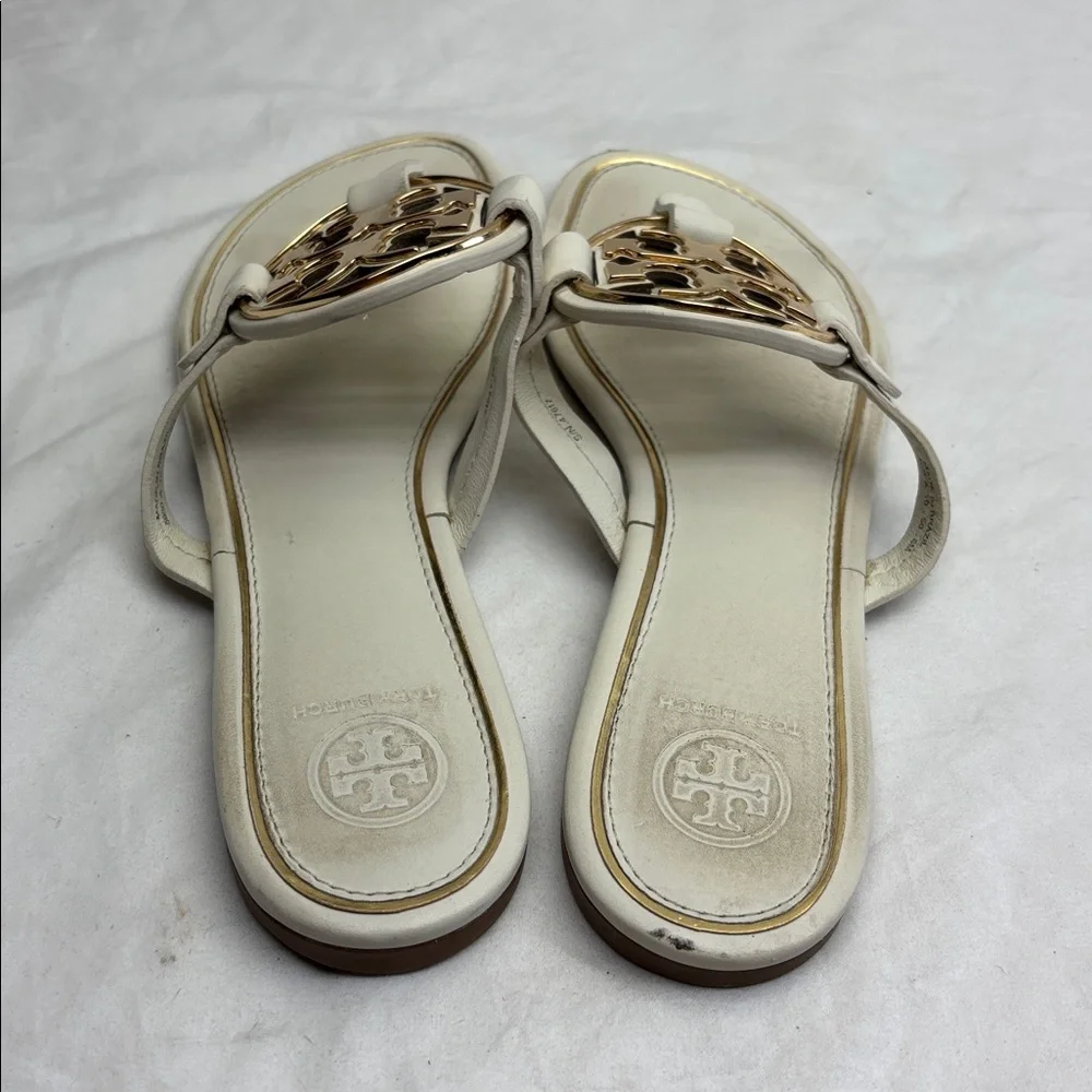 Tory Burch White Leather Logo Thong Sandals with Gold Medallions women’s size 8M - Picture 6 of 11